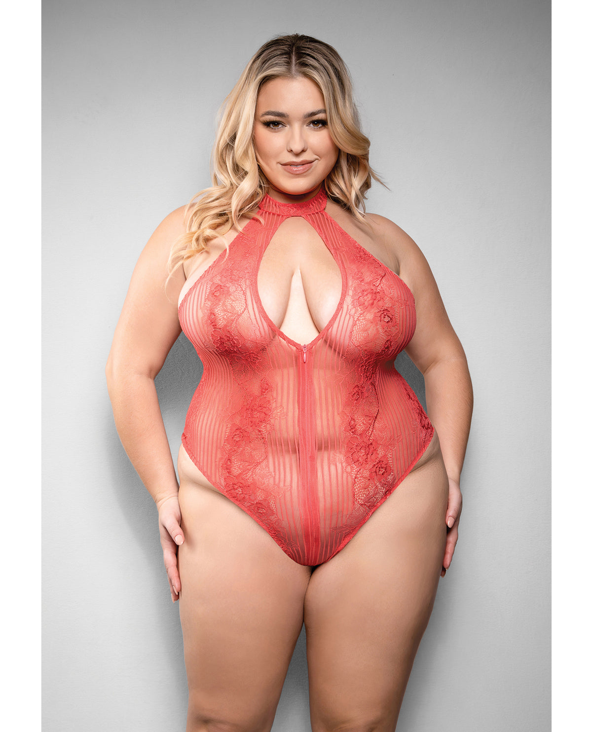 Plus size Calliope coral striped floral lace zippered teddy by Temptress by Fantasy
