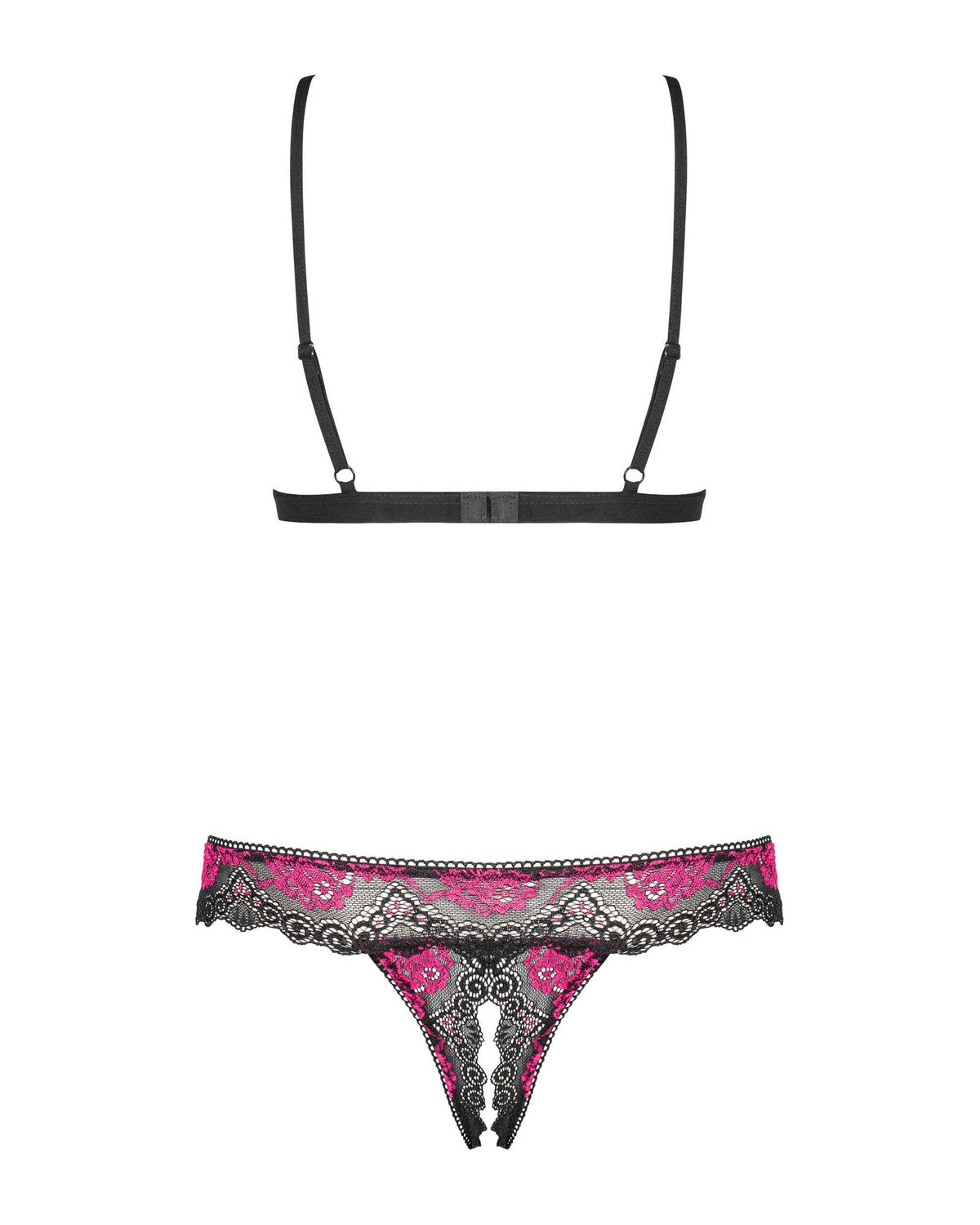 An additional view of the Tulia black and pink cupless lace set