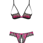 The Tulia black and pink cupless lace set, featuring a rose motif and tiny bows
