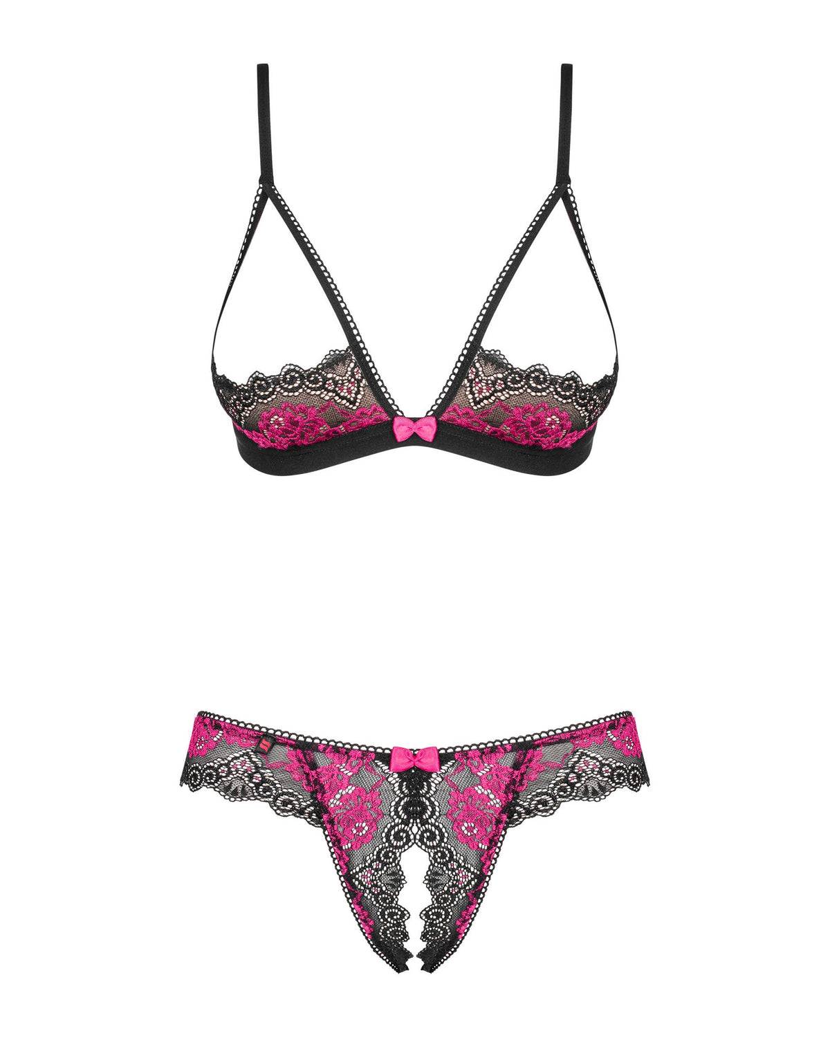 The Tulia black and pink cupless lace set, featuring a rose motif and tiny bows