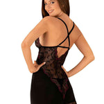 An alternate view of the Vanessme black lace chemise and thong, with seductive lace inserts
