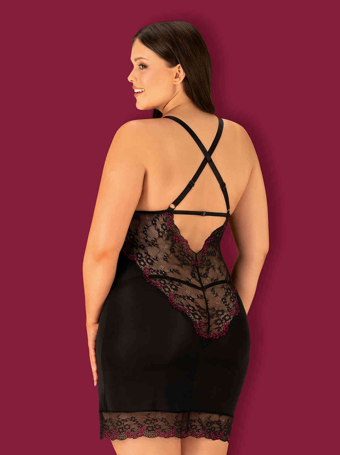 The Vanessme black lace chemise and thong, seen from a different angle