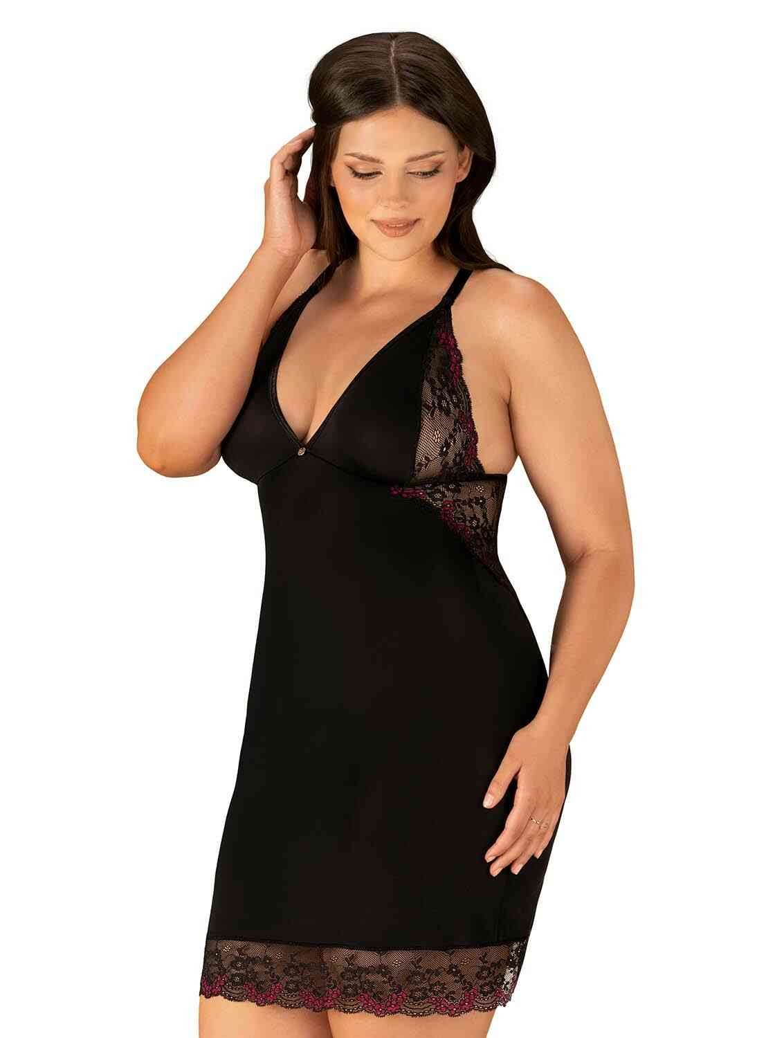 The Vanessme black lace chemise and thong with subtle burgundy detailing