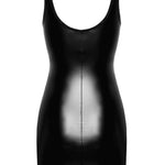 The Velvetine black wetlook mini dress, seen from a different angle