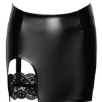 An additional view of the Velvetine black wetlook mini skirt