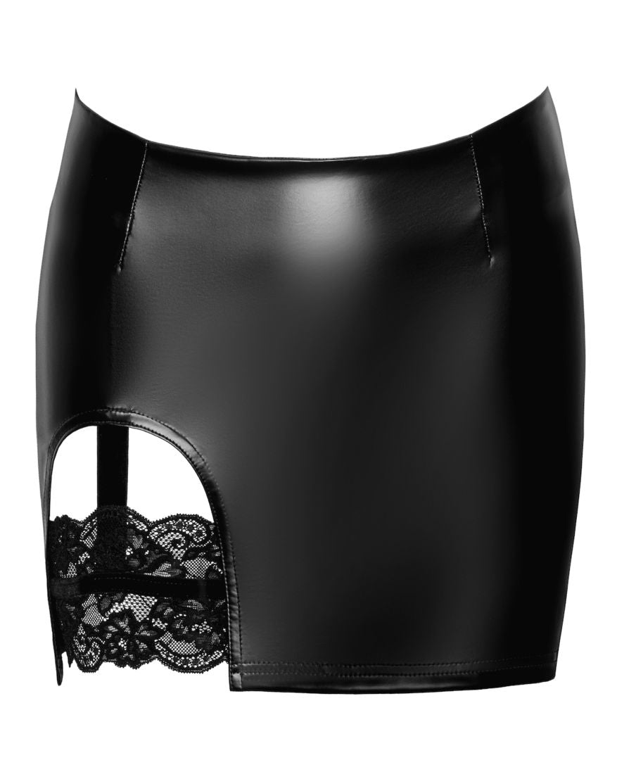 An additional view of the Velvetine black wetlook mini skirt