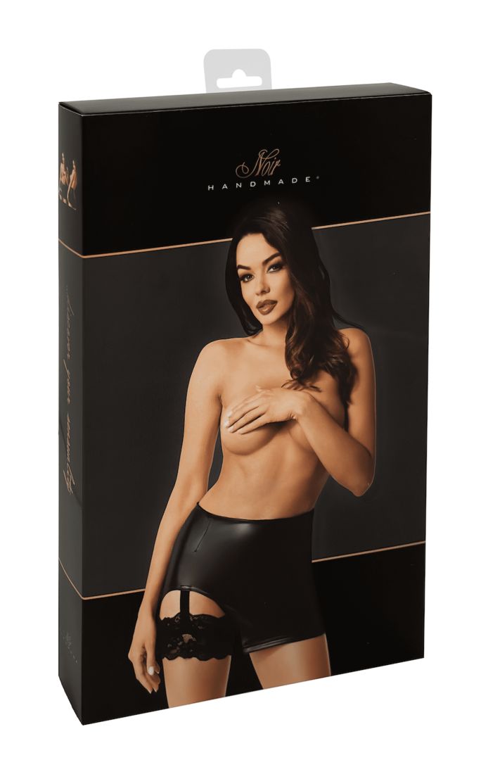 The Velvetine black wetlook mini skirt, seen from a different angle