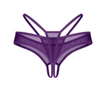 An additional view of the Vibres purple strappy crotchless thong