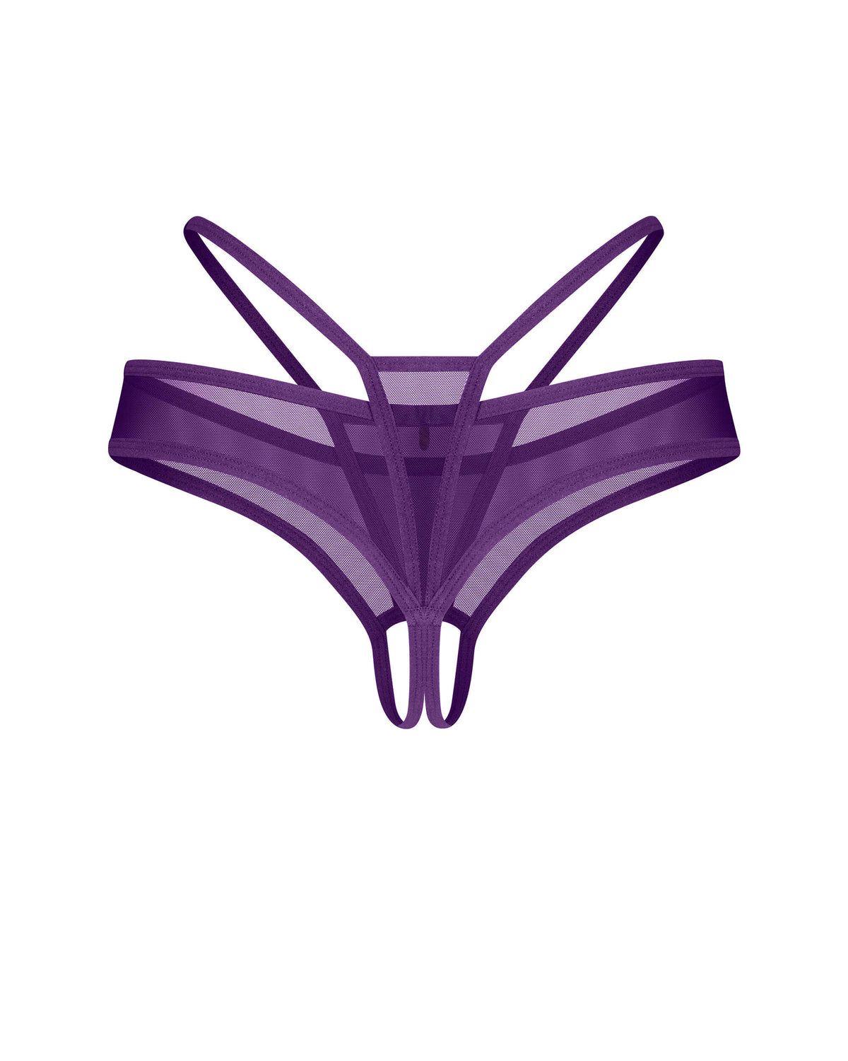 An additional view of the Vibres purple strappy crotchless thong