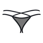 Vila Blanes black crotchless mesh thong with gold-tone metal accents