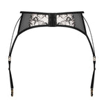 Vila Blanes black embroidered garter belt with sheer cream-tinted tulle panels