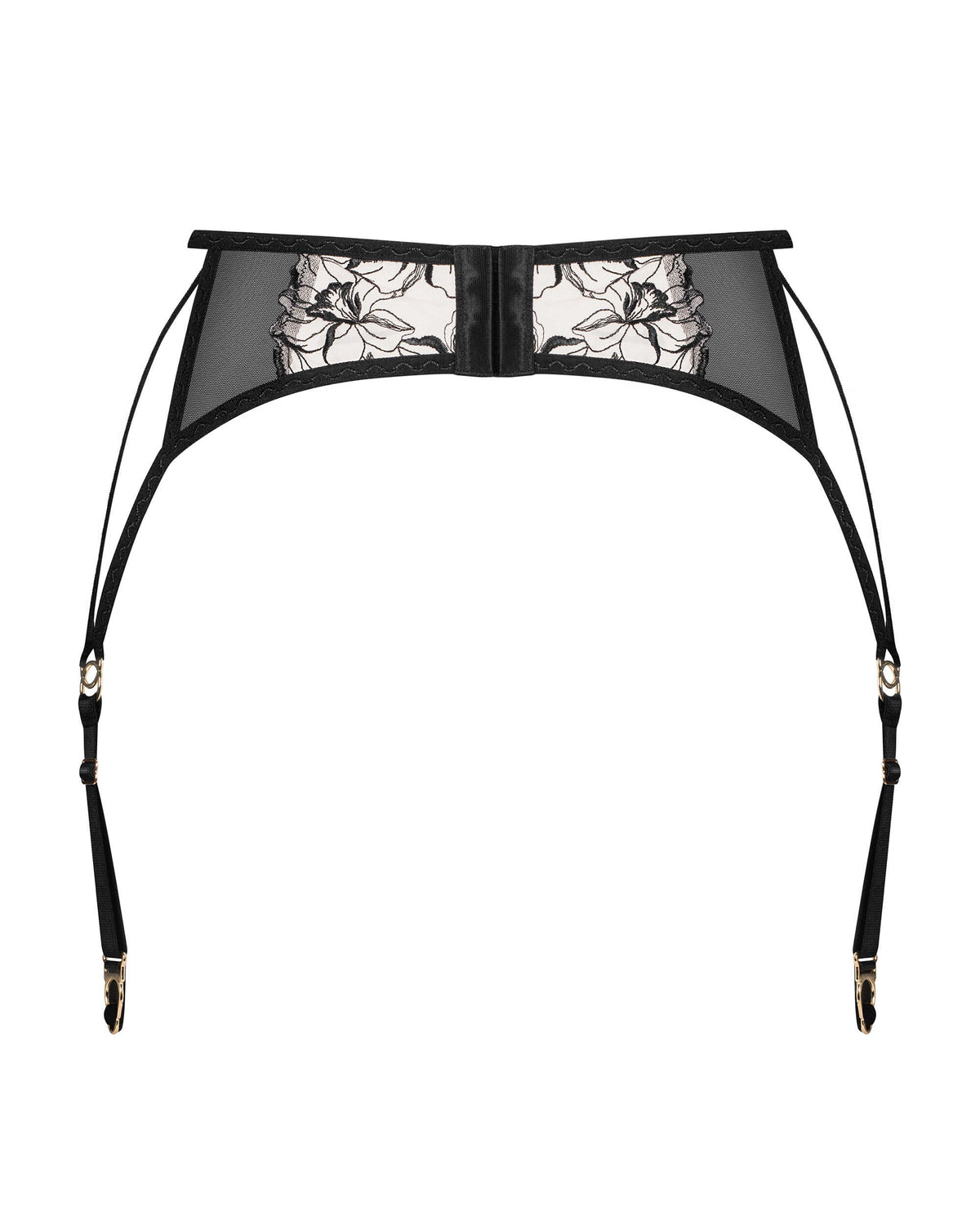 Vila Blanes black embroidered garter belt with sheer cream-tinted tulle panels