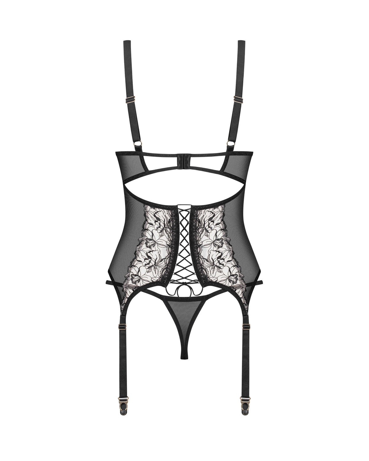 Vila Blanes black sheer corset and thong with non-detachable garter straps