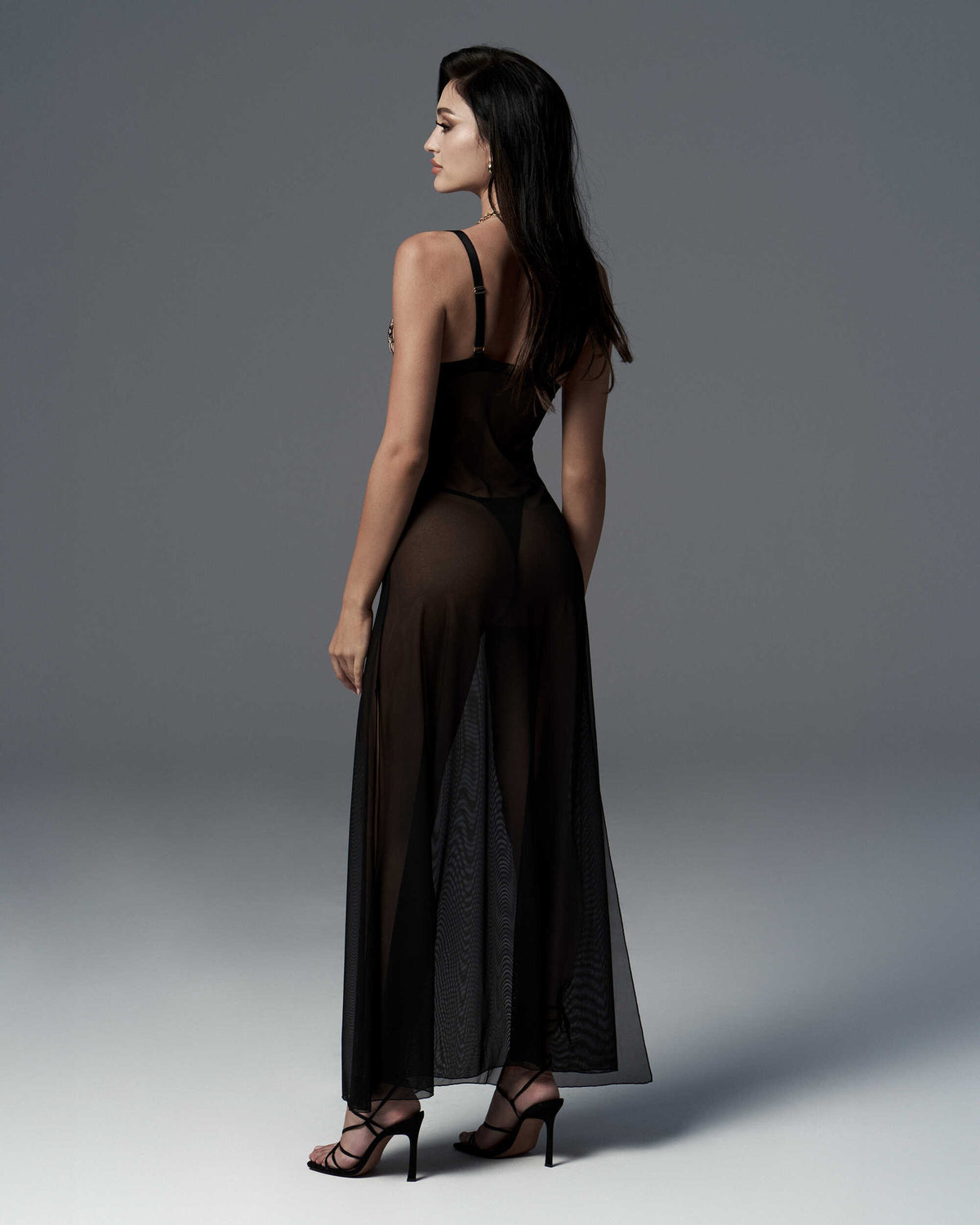 The Vila Blanes black sheer long chemise shown from another angle
