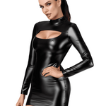 An alternate view of the Vixen black wetlook bodycon dress, with a keyhole neckline