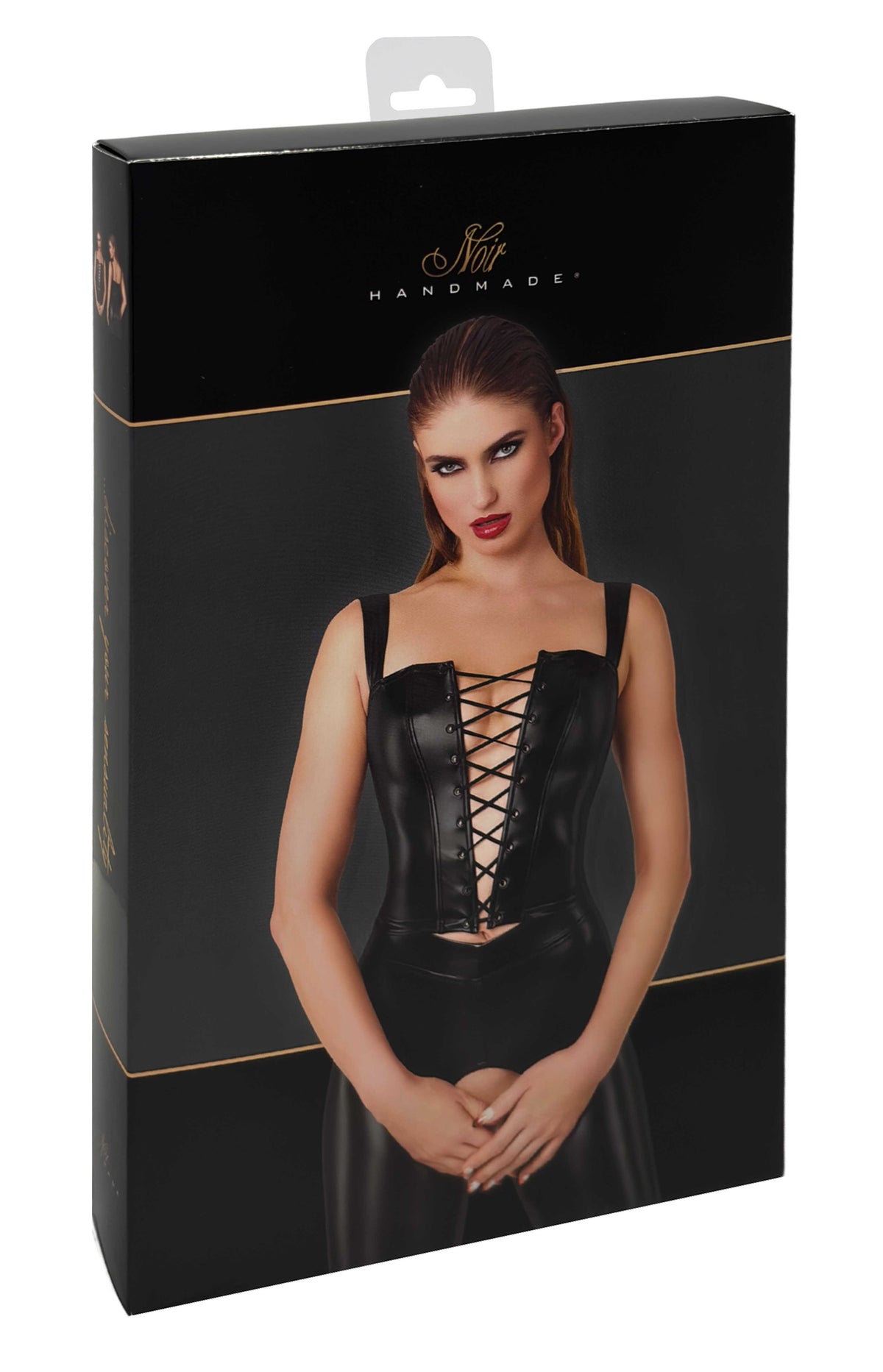 The Vixen black wetlook corset top, seen from a different angle