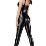 The Vixen black wetlook lace-up jumpsuit with a deep lace-up neckline
