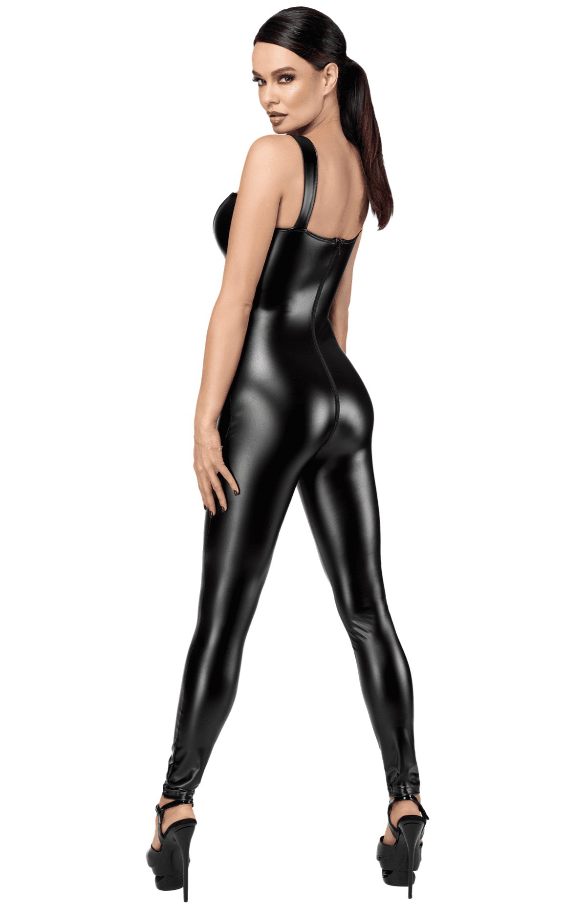 The Vixen black wetlook lace-up jumpsuit with a deep lace-up neckline