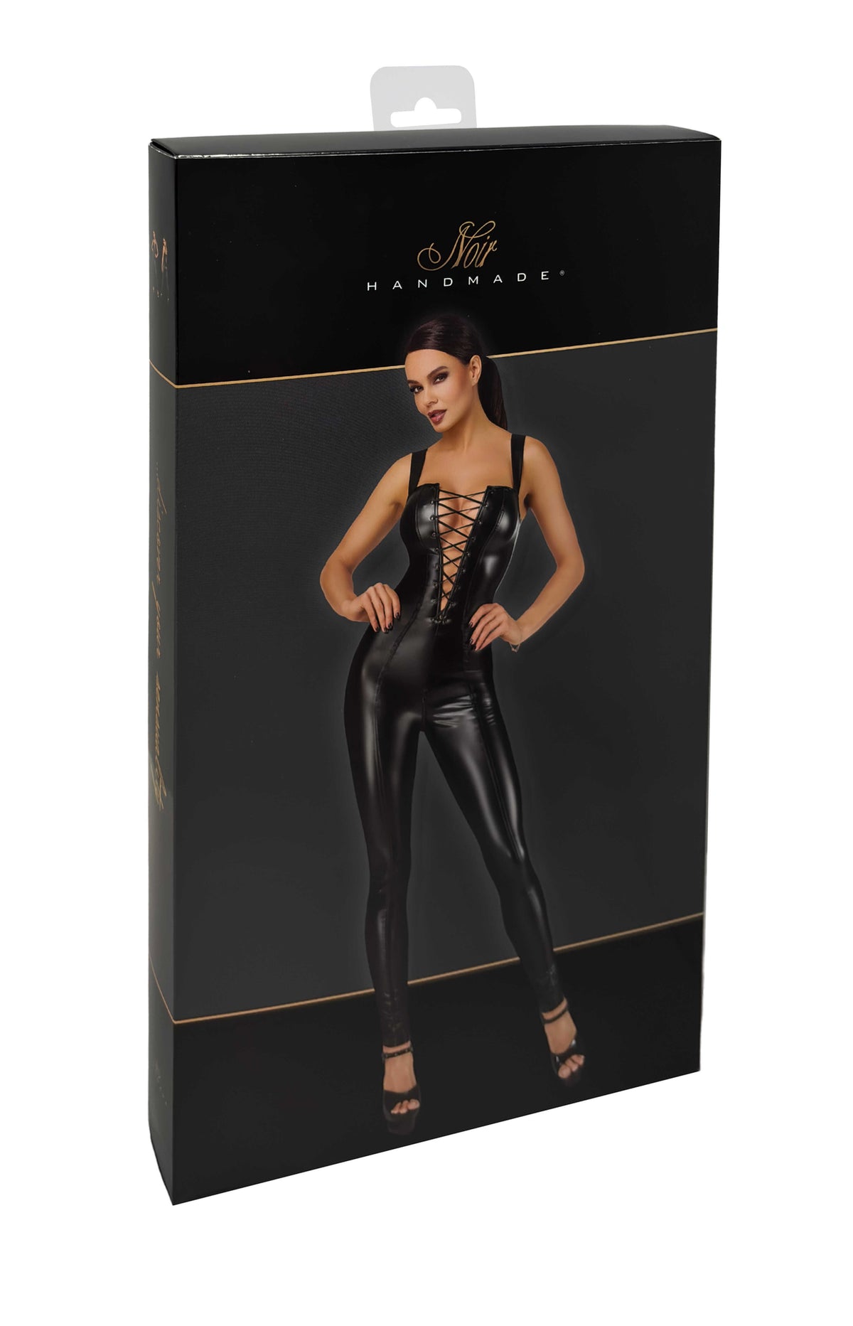 The Vixen black wetlook lace-up jumpsuit, seen from a different angle