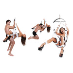 White bondage sex swing with metal D-rings for restraint play, alternate view