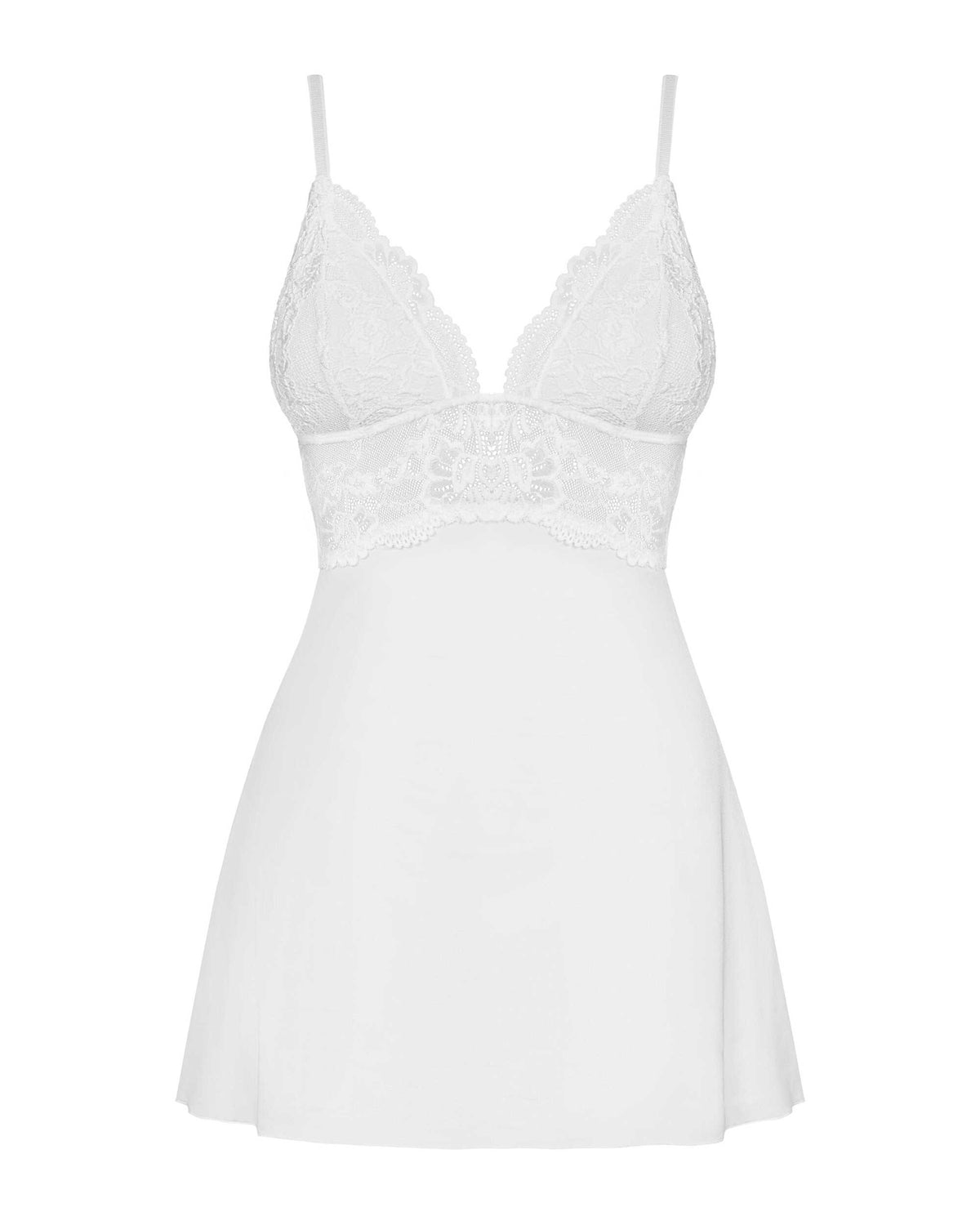 The white flared babydoll, featuring a matching thong