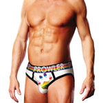 White oversized paw men's brief with a Pride Progress flag colour logo