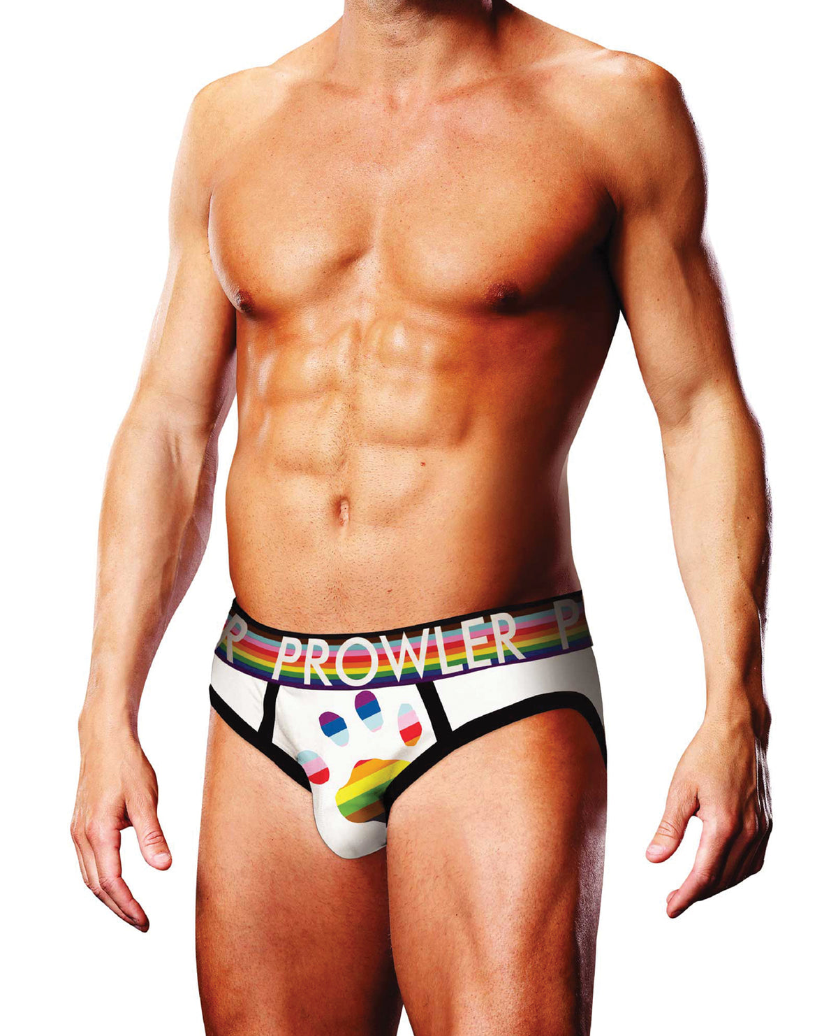 White oversized paw men's brief with a Pride Progress flag colour logo