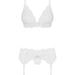 An additional view of the white triangle cup lace garter set
