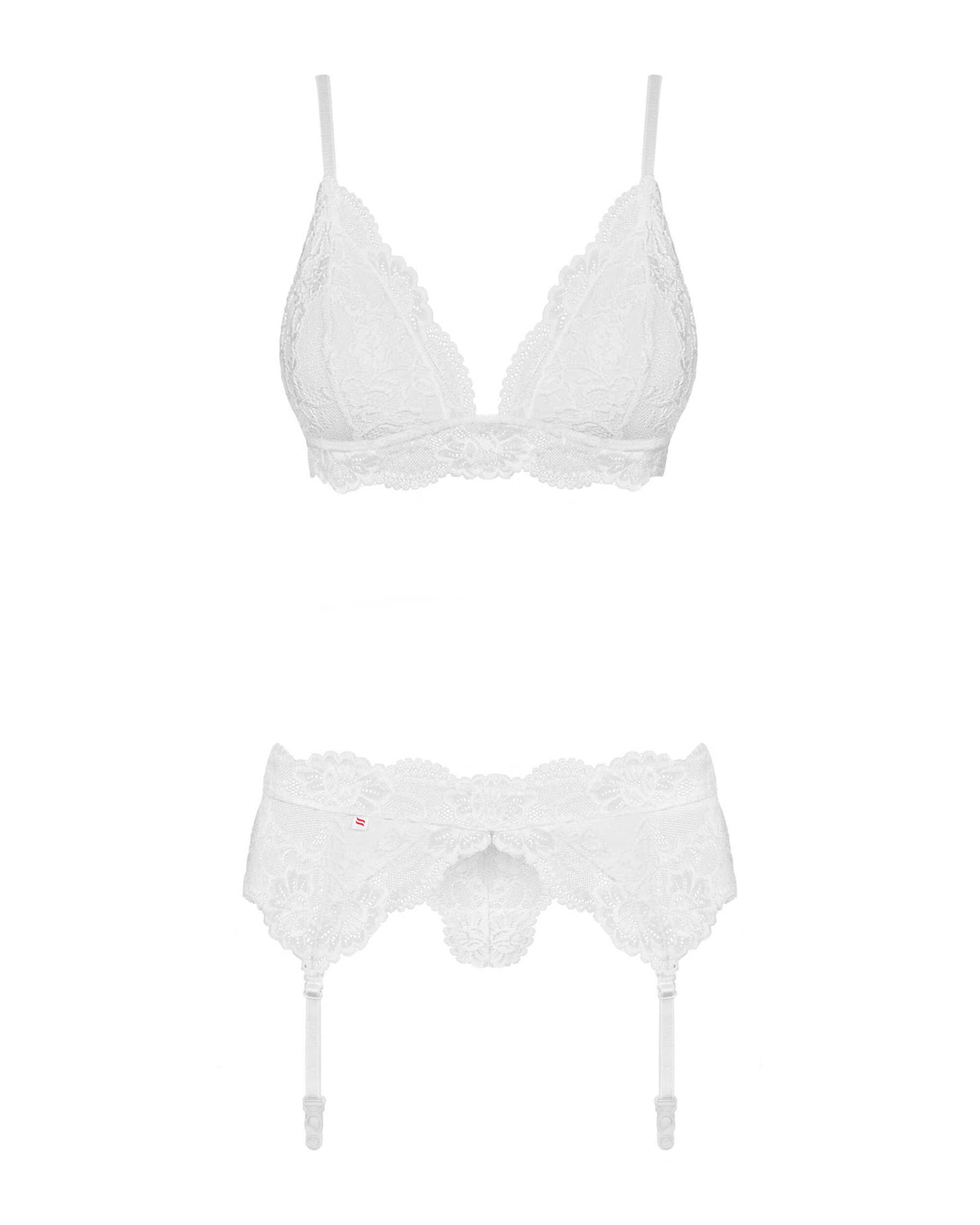 An additional view of the white triangle cup lace garter set
