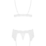 The white triangle cup lace garter set, featuring a coordinated garter belt and thong