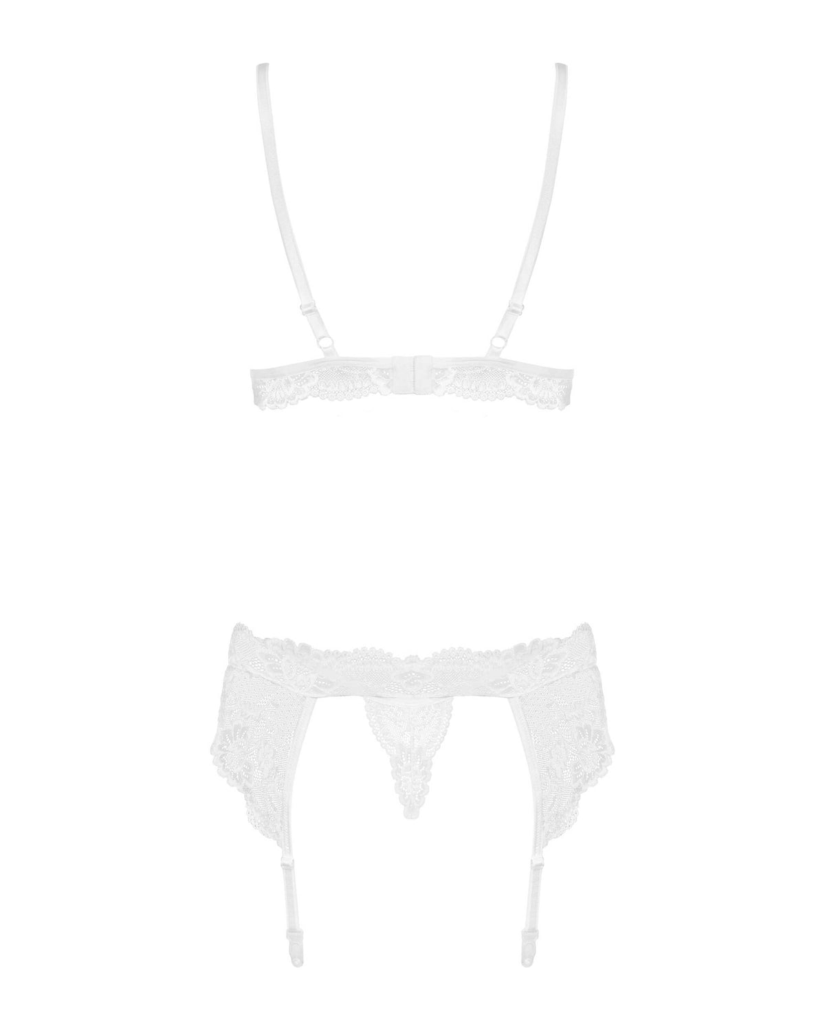 The white triangle cup lace garter set, featuring a coordinated garter belt and thong