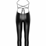 An additional view of the Wild Crocodile black printed wetlook catsuit
