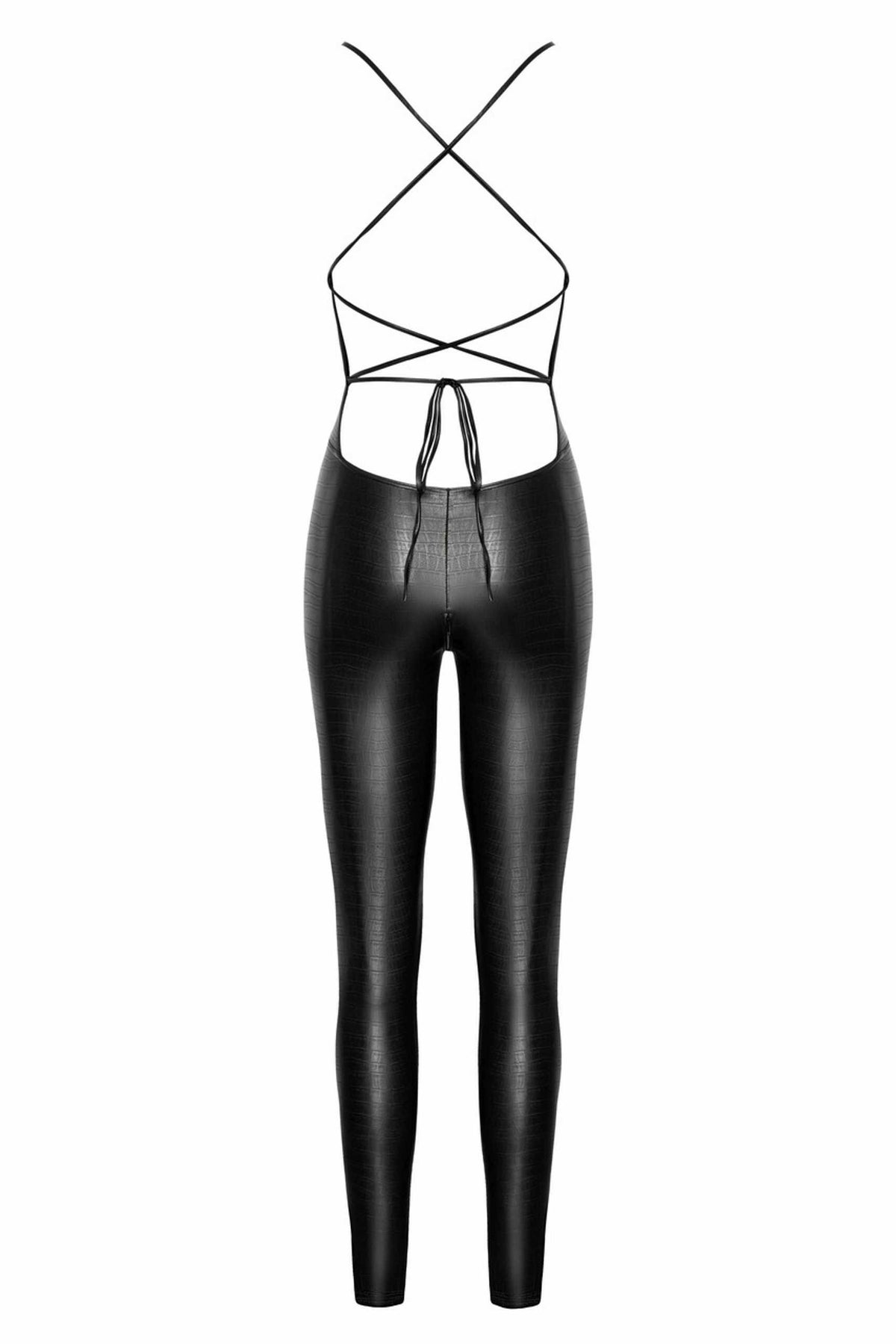 An additional view of the Wild Crocodile black printed wetlook catsuit