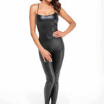 The Wild Crocodile black printed wetlook catsuit with a lace-up open back