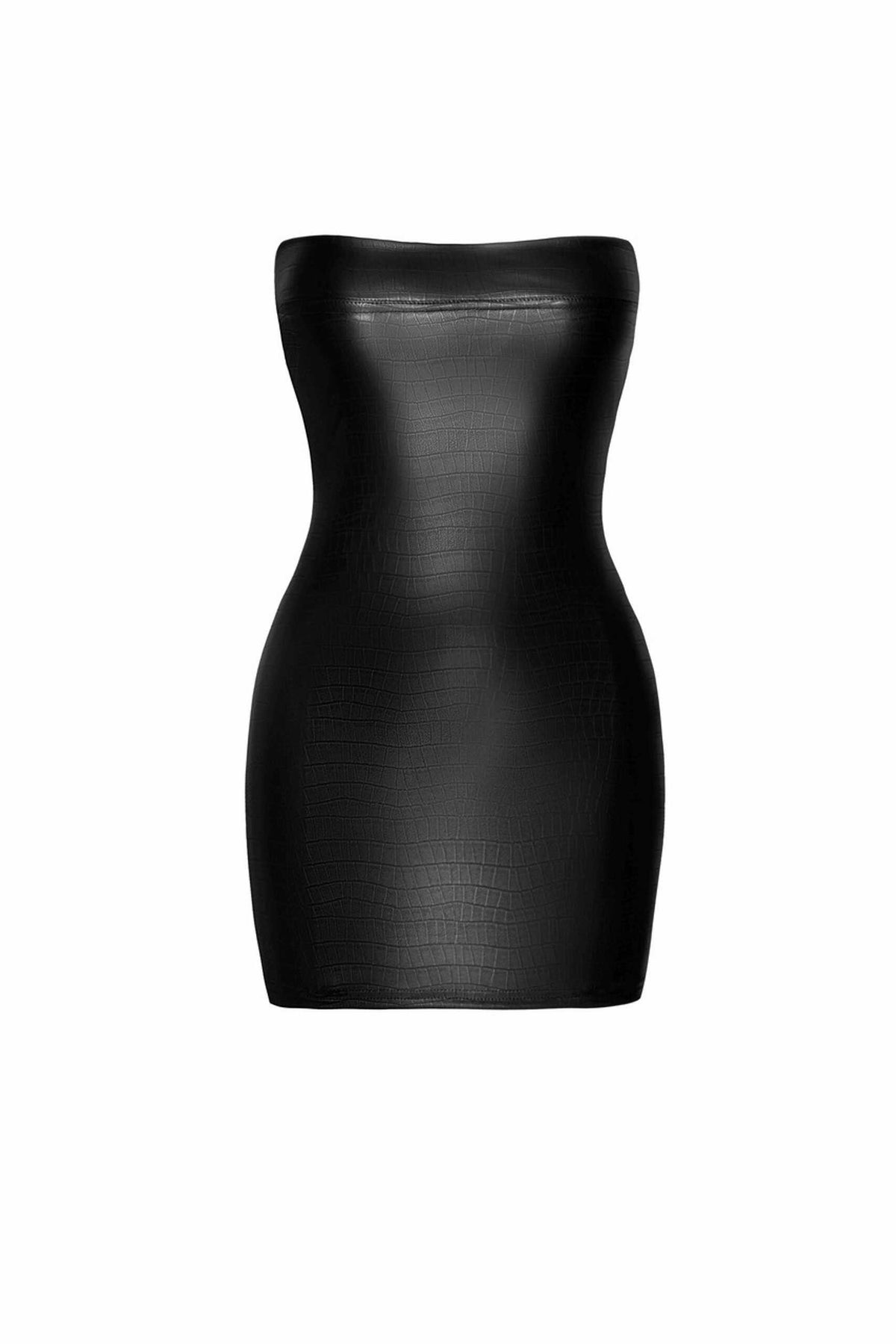 An additional view of the Wild Crocodile black printed wetlook mini dress