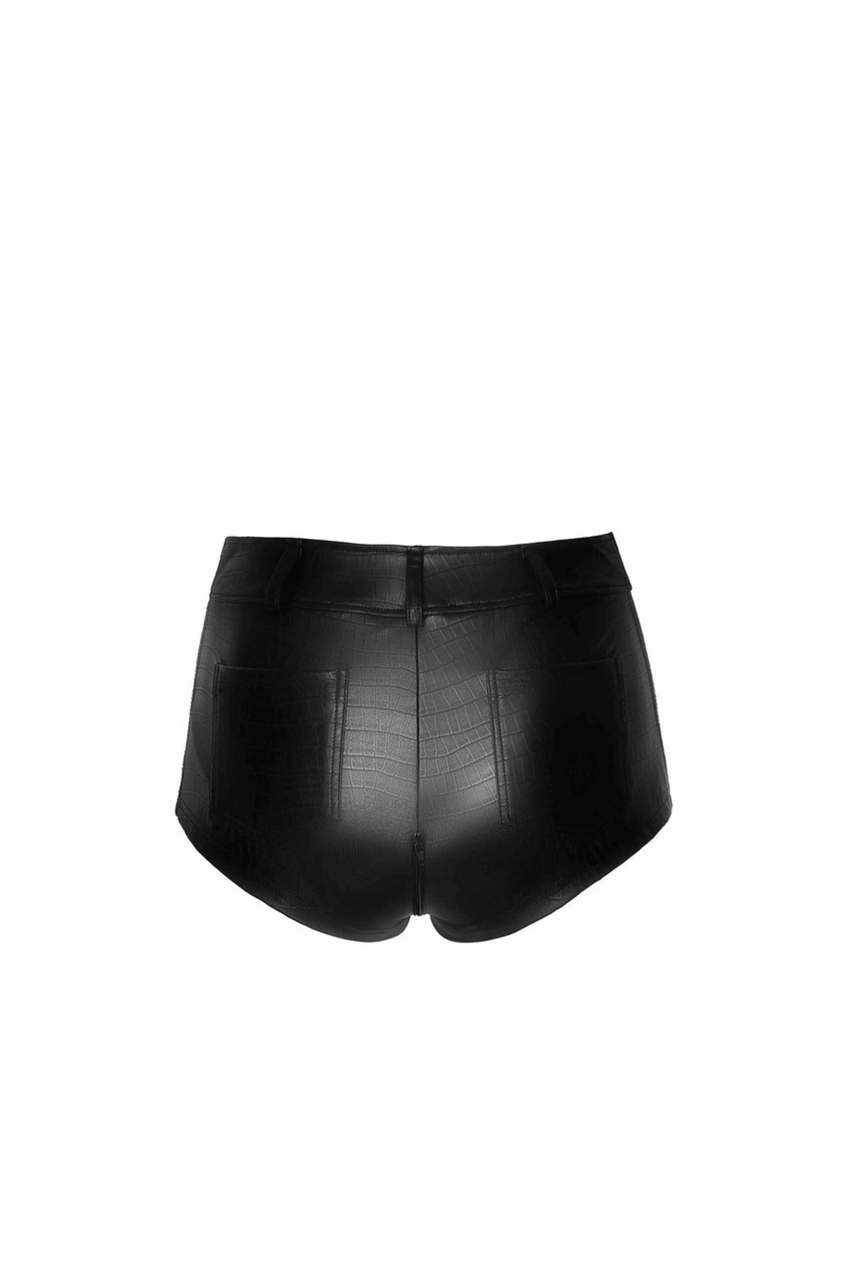 An additional view of the Wild Crocodile black printed wetlook shorts