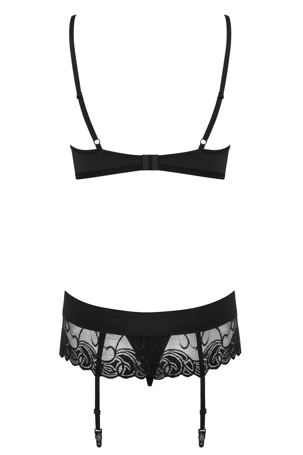 An additional view of the Wonderia black lace garter set