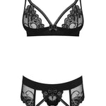 The Wonderia black lace garter set, featuring a lace garter belt with adjustable straps