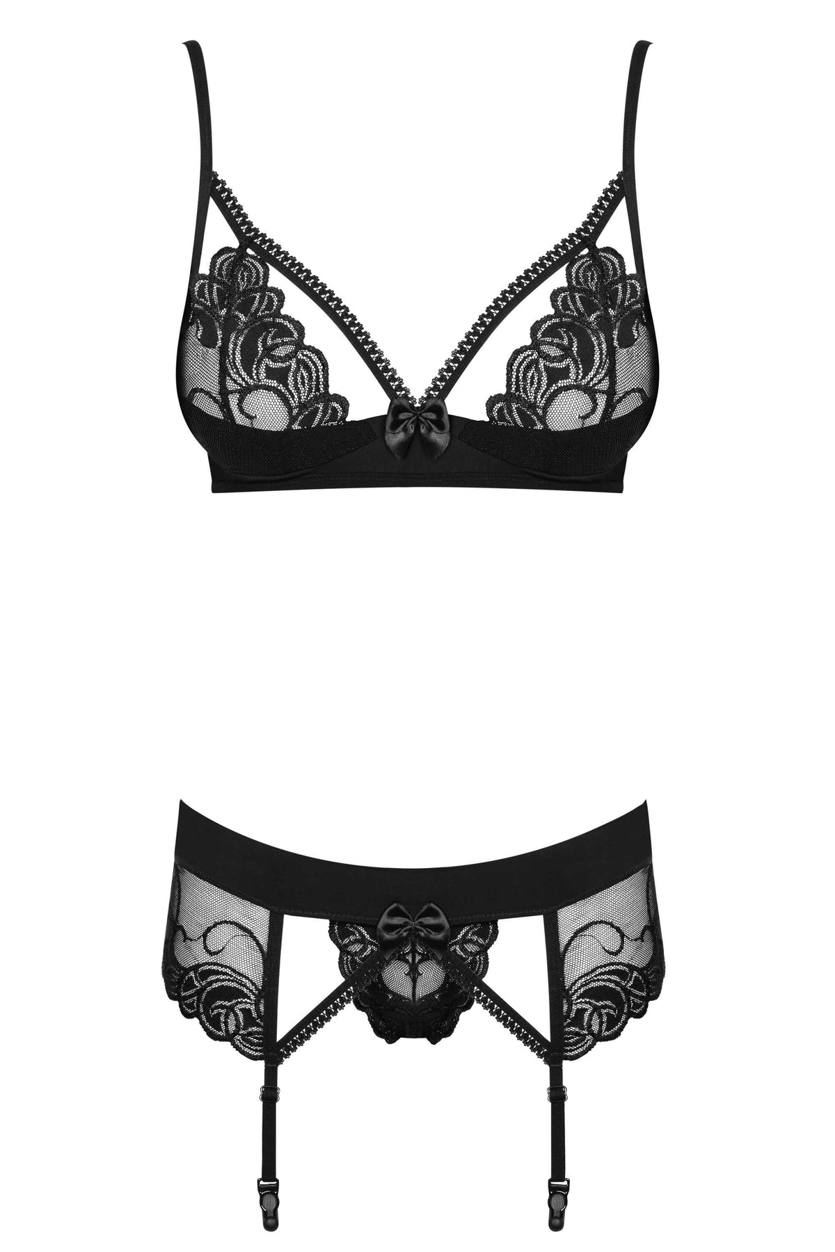 The Wonderia black lace garter set, featuring a lace garter belt with adjustable straps