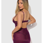 Burgundy shimmer mesh chemise with flirty thigh garters