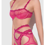 Pink lace bra and garter set with removable bra straps
