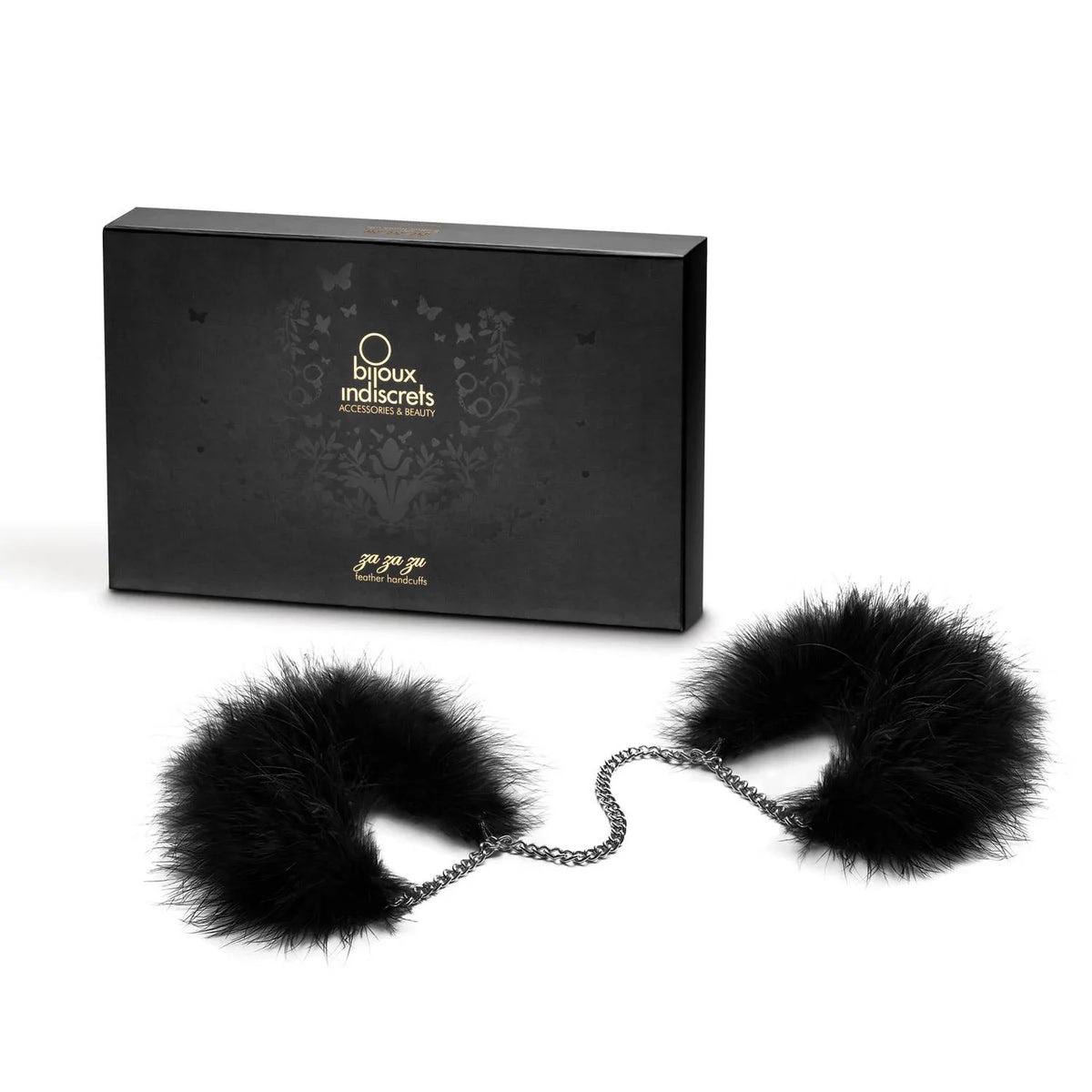 Black feather-trimmed handcuffs with lush black feathers and an adjustable fit