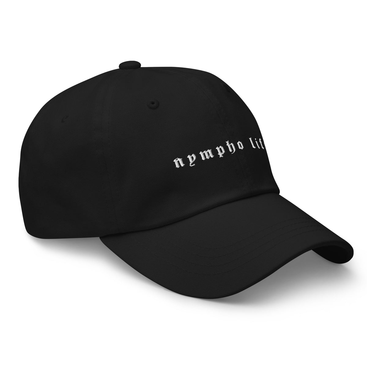 Black logo embroidered dad hat with an adjustable antique-buckle strap