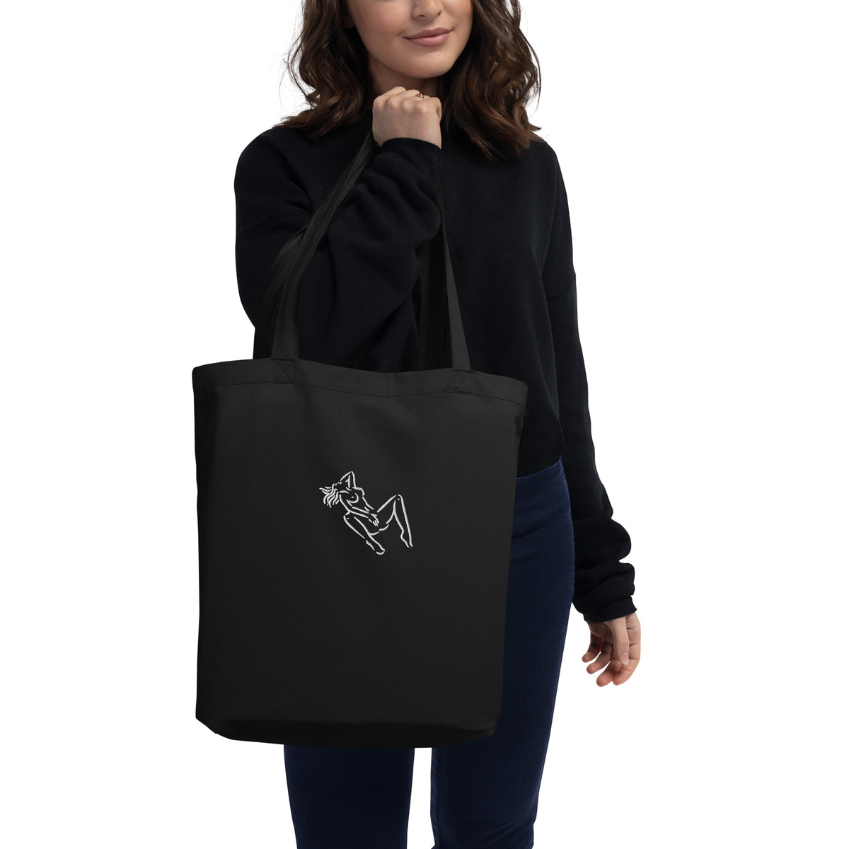 Another angle of the black Self-Pleasure embroidered cotton tote