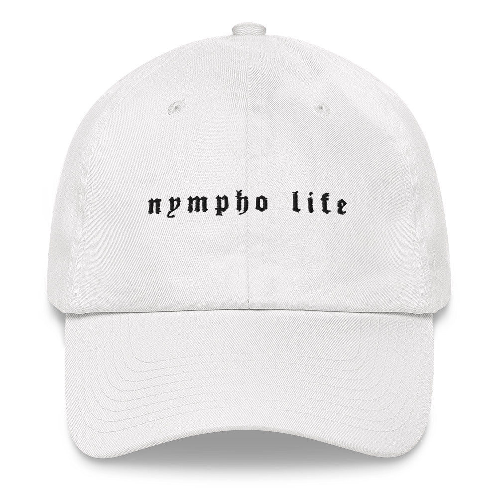 Logo white embroidered low-profile dad hat by nympho life