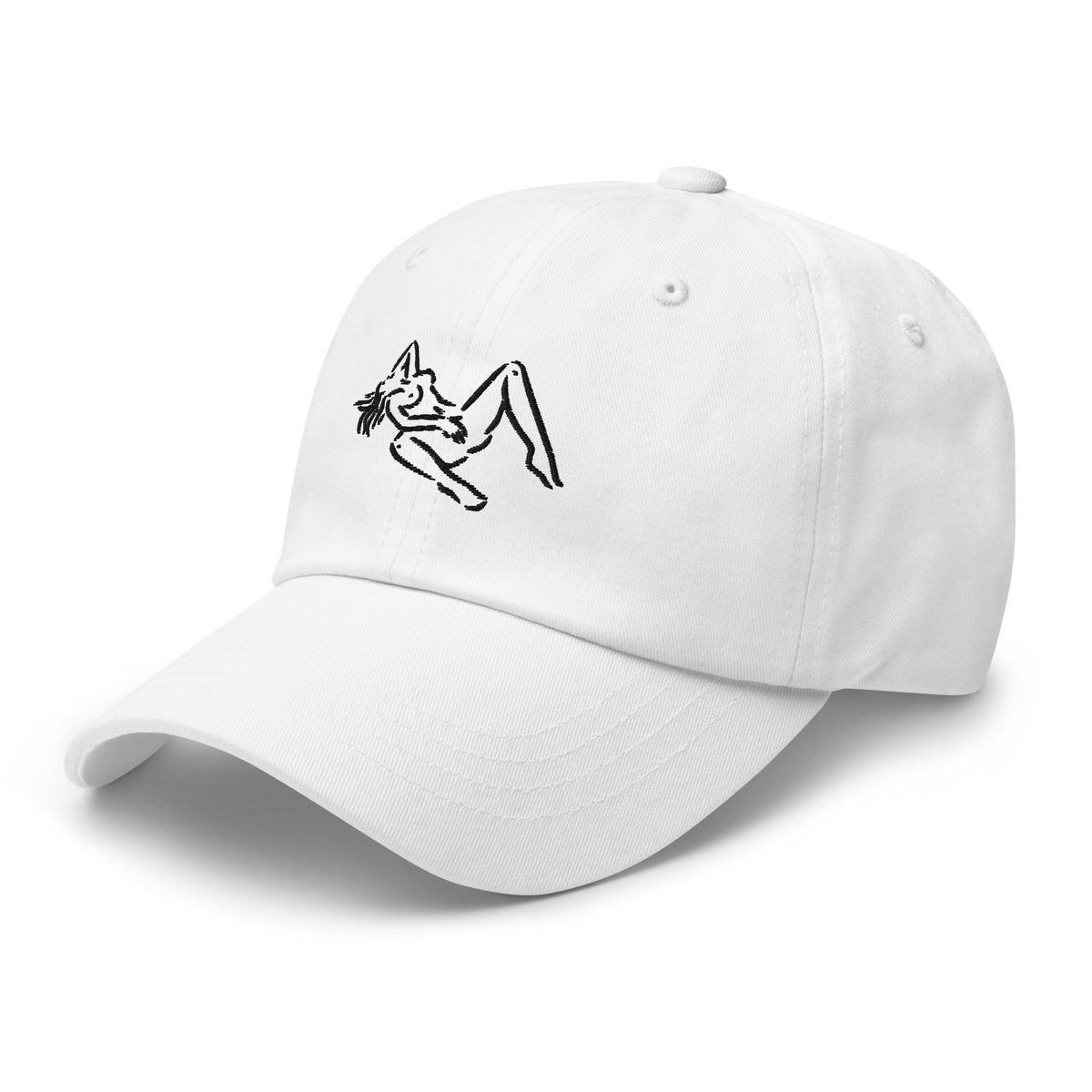 White Self-Pleasure embroidered dad hat with an adjustable antique-buckle strap
