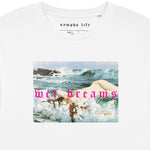 White unisex Wet Dreams organic cotton tee featuring a medium fit and set-in sleeves